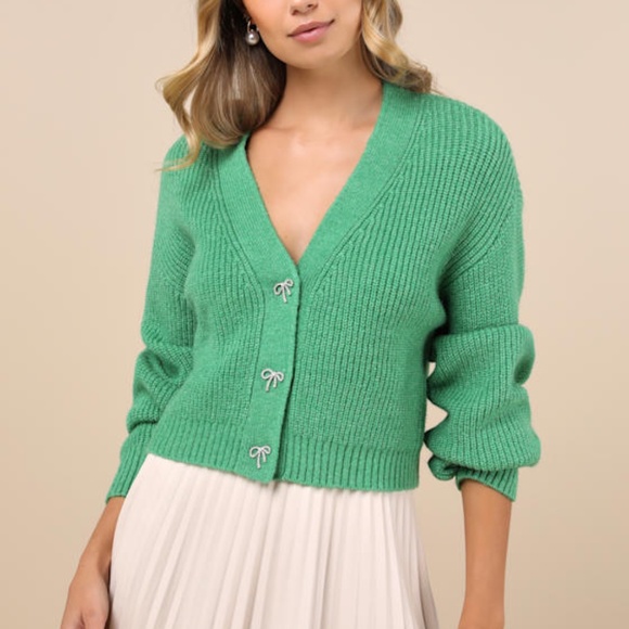 Lulus Brilliant Cutie Green Bow Button-front Cropped Cardigan - Size M - Picture 1 of 1